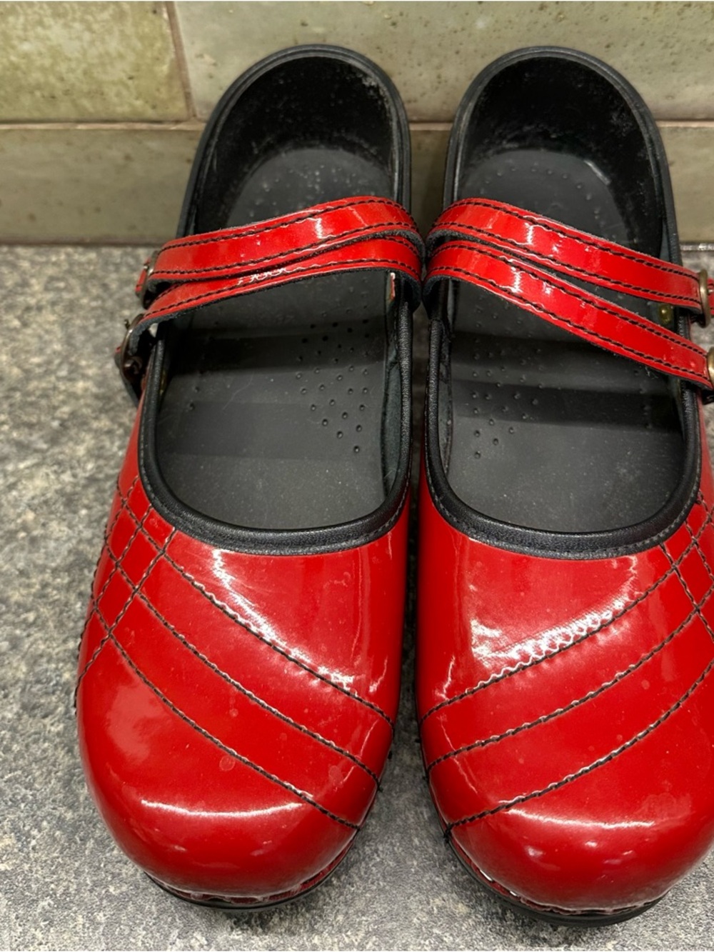 Sanita Red Mary Jane Clogs with Double Strap Platform Wedge Heel Shoes